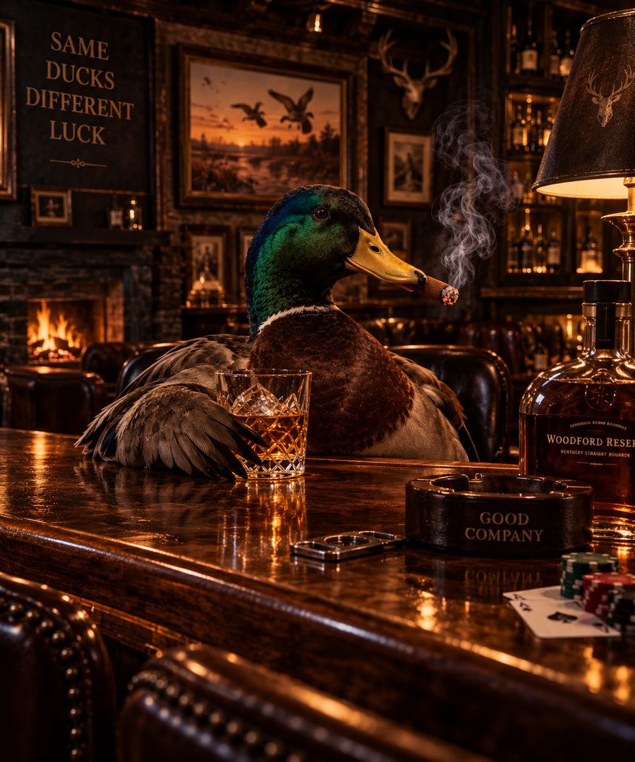 Duck at a bar with a cigar and a whiskey